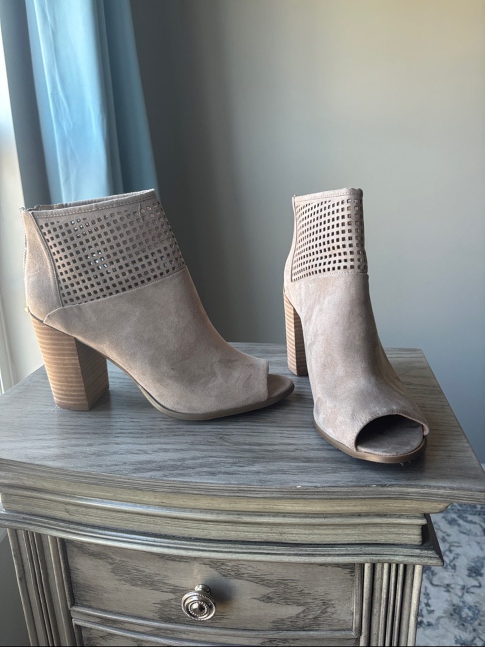 Report Taupe Suede Peep-Toe Ankle Booties